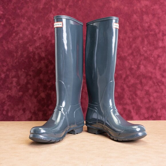Hunter Women Original Tall Gloss Blue Granite Rain Rubber Wellies Knee sz 10 - Picture 2 of 10